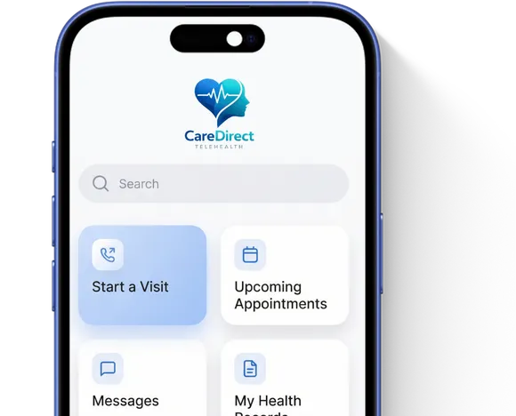 Patient using the CareDirect Telehealth booking app on a phone
