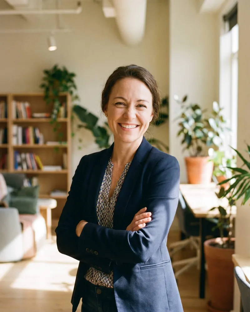 CareDirect nurse-led intake clinician smiling in a warm office setting, representing coordinated whole-person mental health care