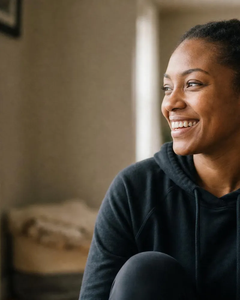 Woman smiling at home, representing accessible Medicare-rebated mental health care via telehealth
