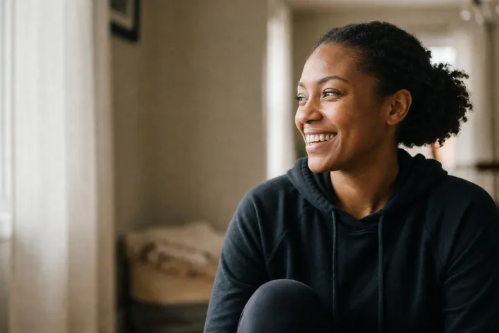 Woman smiling at home, representing accessible Medicare-rebated mental health care via telehealth