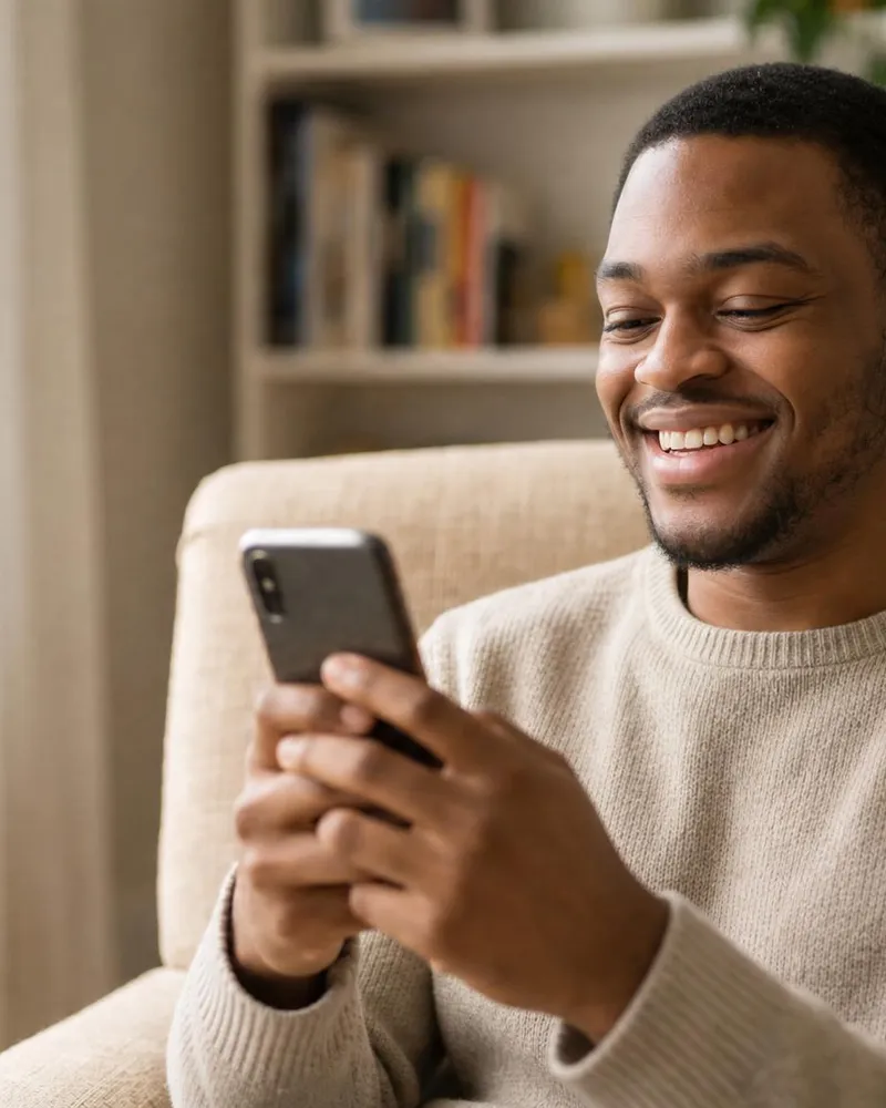 Woman smiling at her phone from the comfort of her own home, representing accessible telehealth mental health care