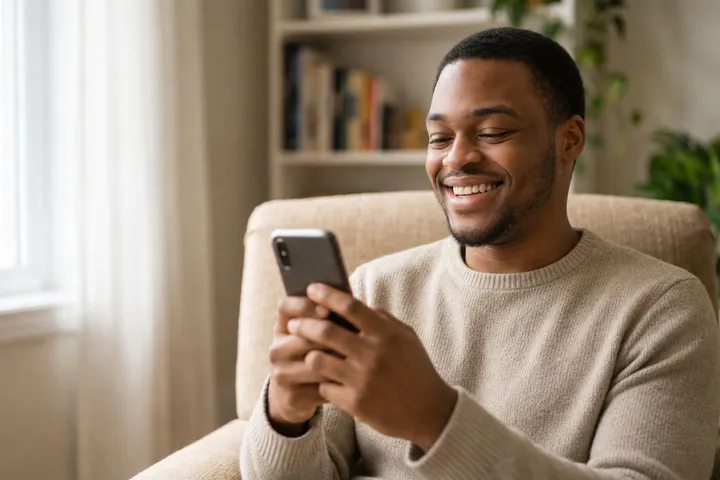 Woman smiling at her phone from the comfort of her own home, representing accessible telehealth mental health care