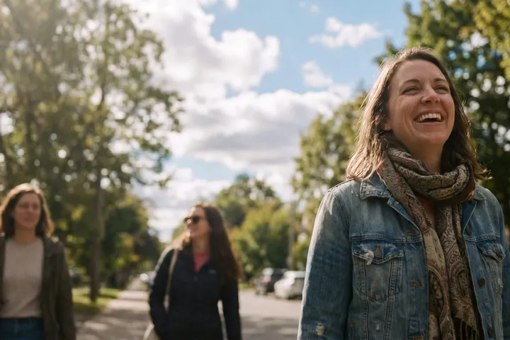 Two women walking and talking outdoors, representing connection and support through telehealth mental health services