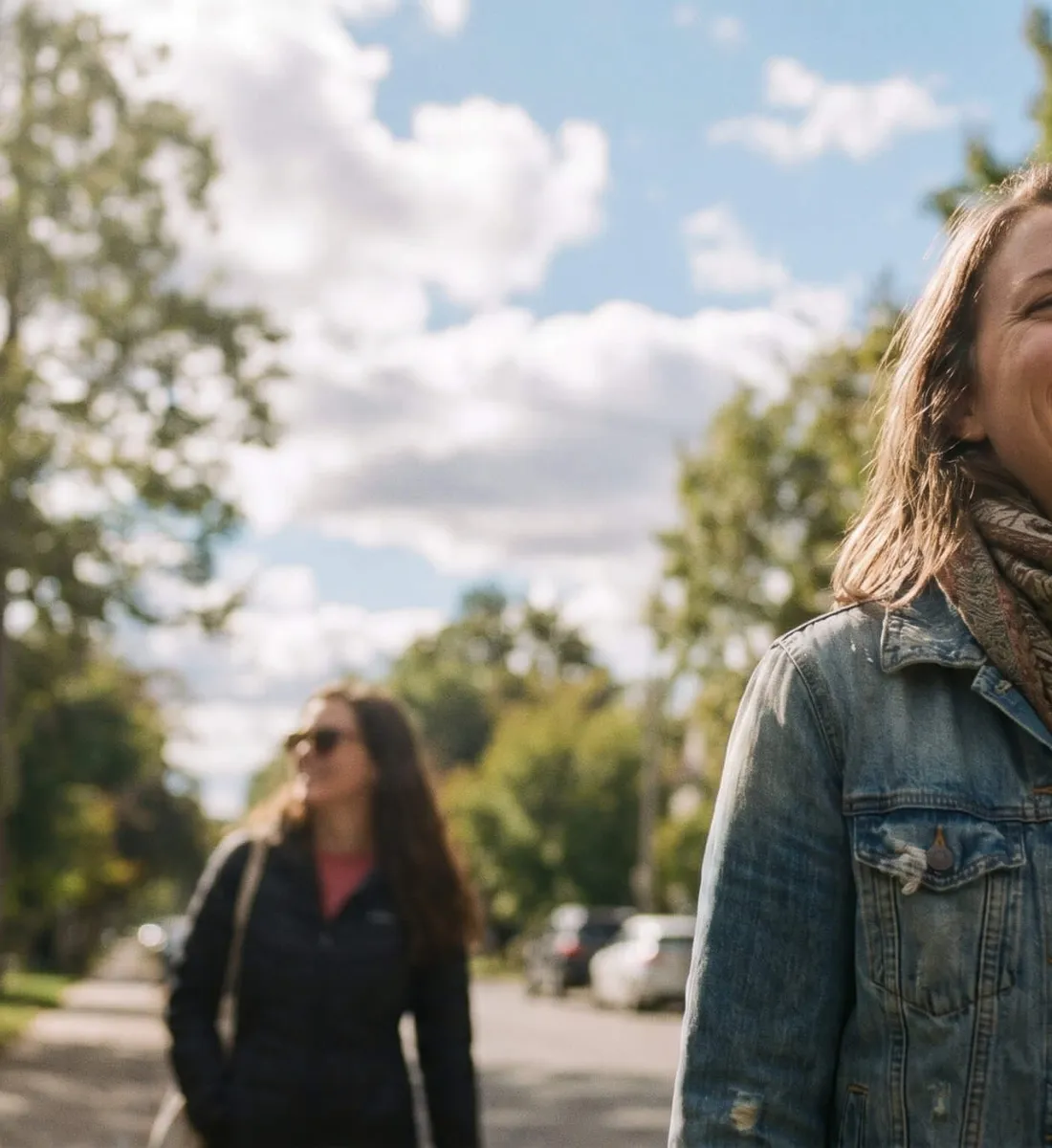 Two women walking and talking outdoors, representing connection and support through telehealth mental health services